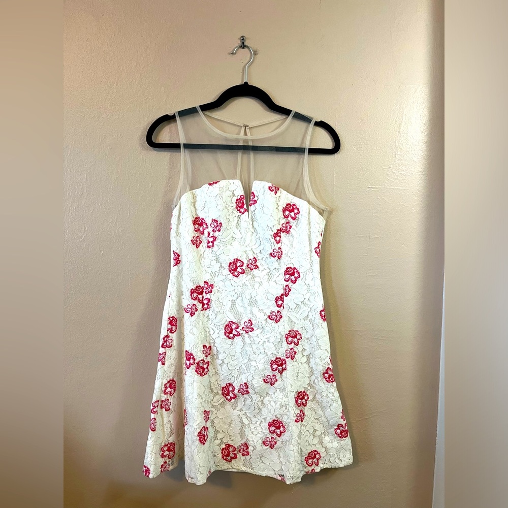 NWT BB Dakota RSVP Sleeveless Mesh Lace White Pink Fit & Flare Mini Dress 4